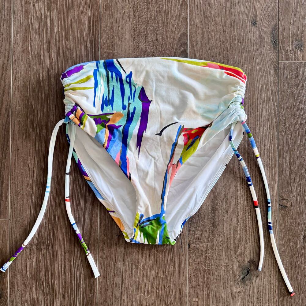 Calia Swim High Rise Ruched Bikini Bottom Watercolor Abstract Rainbow Small NEW - Picture 2 of 9